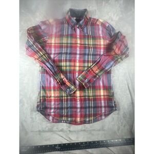 J Crew  Summer 100% Cotton Plaid Shirt Pink Yellow Blue Long Sleeve Size Medium